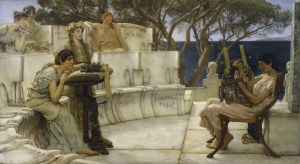 Sappho and Alcaeus Sir Lawrence Alma-Tadema, R.A. oil on panel, 1881 H: 26 x W: 48 1/16 in.; Framed H: 41 x W: 61 in