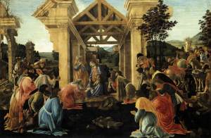 Adoriation of the Magi Sandro Botticelli ca. 1478-1482 tempera and oil on panel  framed 39 X 52 inches The Andrew W. Mellon Collection The National Gallery of Art photo public domain from Wikimedia Commons 