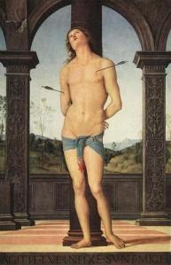St. Sebastian Pietro Perugino oil on wood, 170 x 117 cm,  after 1490 The Louvre photo public domain from Artmight.com