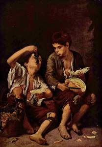 Beggar Boys Eating Grapes and Melon Bartolome Esteban Murillo ~1650 oil on canvas Alte Pinakothek, Munich photo in public domain from Wikimedia Commons