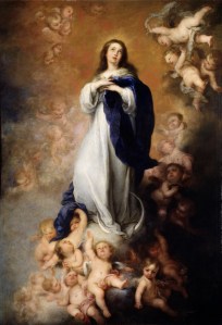The Immaculate Conception of the Venerable Ones Bartolome Esteban Murillo  ~1678 oil on canvas Museo del Prado photo in public domain from Wikimedia Commons
