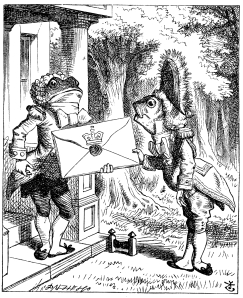 The Frog Footman and the Fish Footman Illustration by Sir John Tenniel ~1865 from Lewis Carrol Alice's Adventures in Wonderland public domain from Wikimedia Commons