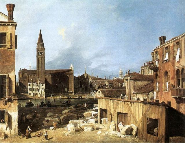 The Stonemason's Yard Giovanni Antonio Canaletto 1726-30 oil on canvas 49" x 64" National Gallery, London public domain from Wikimedia Commons