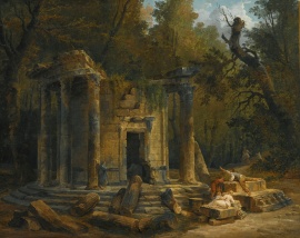 Temple of Philosophy at Ermenonville Hubert Robert oil on canvas 37" x 46" offered for auction by Southby's, 2013 photo public domain from Wikimedia Commns