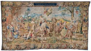The Triumph of Lust  From a seven-piece Seven Deadly Sins Design by Pieter Coecke van Aelst, ca. 1532–33 Woven in Brussels, ca. 1542–44 Wool, silk, and gilt metal-wrapped thread; 15 ft. 3/4 in. x 27 ft. 3 1/2 in. (459 x 832 cm) Mark of Brussels (bottom left selvage) and an unidentified weaver's mark (bottom right selvage) Patrimonio Nacional, Palacio Real de Madrid