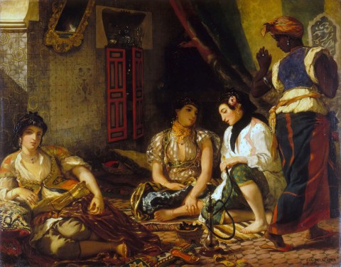 Femmes d’Algers dans leur apartement Eugene Delacroix, 1834 color on canvas, 71 X 90 in Louvre Museum photo public domain via Wikimedia Commons