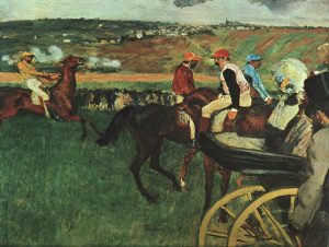 At the Races Edgar Degas, ~1877-1880 oil on canvas, 26 x 32 in Musee d'Orsay, Paris photo in public domain from Wikimedia Commns