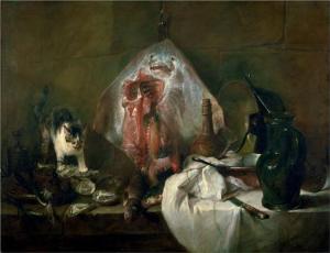 The Ray or The Kitchen Interior Jean-Baptiste-Simeon Chardin, 1728 58 x 45 in Musée du Louvre,, Paris photo public domain from Wikipaintings.org