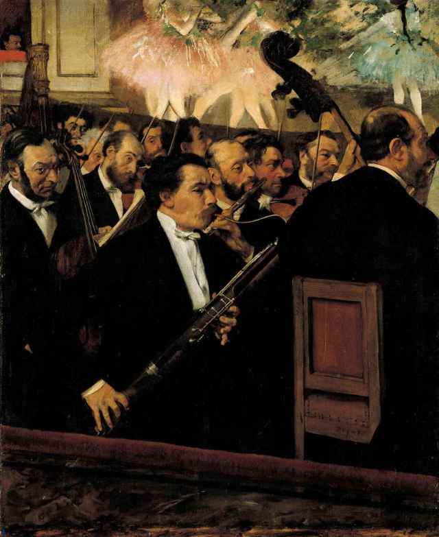 The Orchestra at the Opera Edgar Degas Circa 1870 Oil on canvas 26 x 18 in  Paris, Musée d'Orsay photo in public domain from Wikimedia. org