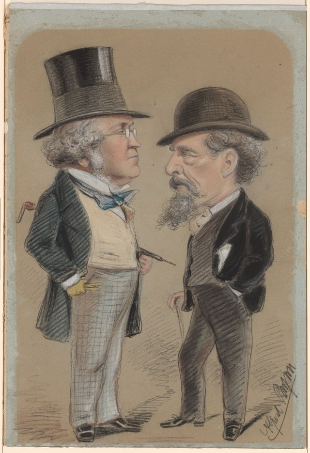 Caricature of William Makepeace Thackeray and Charles Dickens Alfred Bryan (1852-1899) Charcoal and colored chalks, on blue paper, now faded, mounted on cardboard. 21 3/4 x 14 13/16 in The Morgan Library, New York