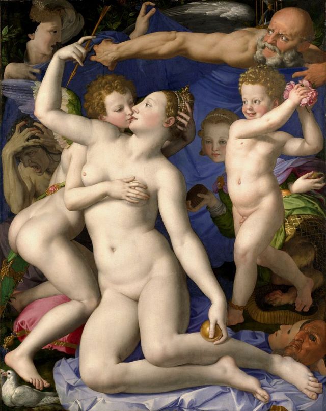 Venus, Cupid, Folly, and Time Agnolo Bronzino ~1545 oil on wood 57 x 46 in National Gallery, London photo public domain from Wikimedia Commons
