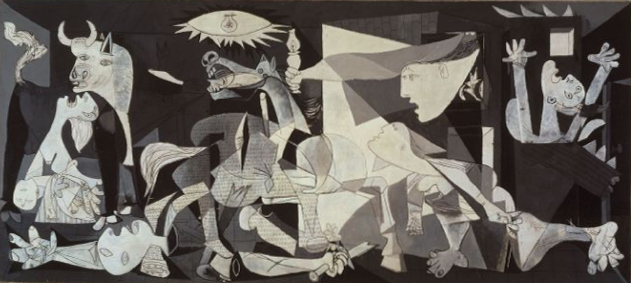 Guernica Pablo Picasso, 1937 oil on canvas, 140 x 310 in Museo Reina Sofia, Madrin image from Wikipedia. org presumed under copyright, see Wikipedia for non-free media rationale