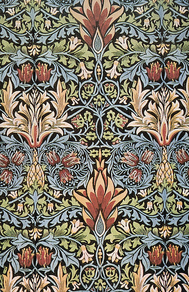 Snakeshead printed cotton designed by William Morris (1876). (Identification from Linda Parry: William Morris Textiles, New York, Viking Press, 1983, p. 150) digitally enhanced photo in public domain from Planet Art CD of royalty-free PD images William Morris: Selected Works via Wikimedia Commons