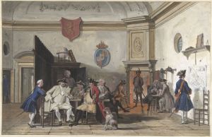 Wachtlokaal met lezende, rokende en kaartspelende officieren Cornelis Troost, 1748 Rijksmuseum brush on paper, 12" x 19" On loan from the Dienst voor 's Rijks Verspreide Kunstvoorwerpen photo public domain