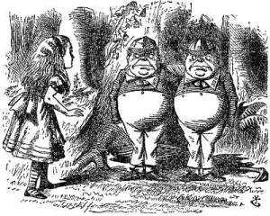Tweedledum (center) and Tweedledee (right) with Alice  John Tenniel illlustration for Lewis Carroll Through the Looking Glass, 1871 public domain via Wikimedia.org