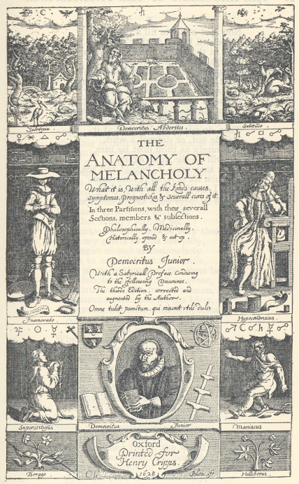 frontispiece The Anatomy of Melancholy Robert Burton original edition, 1621 book in public domain page from ebooks.adelaide.edu