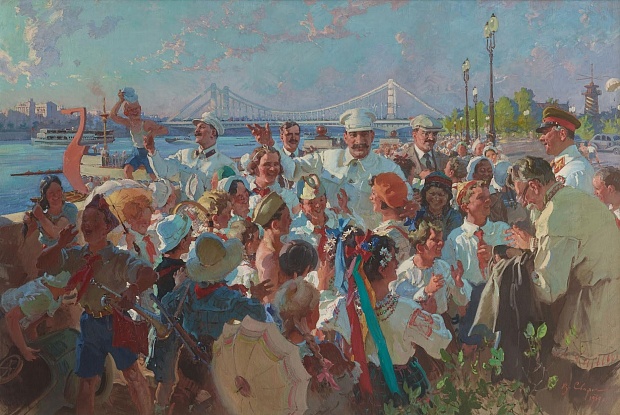 I.V. Stalin and members of the Politburo of the Central Committee of the All-Union Communist Party (Bolsheviks) among children in the M. Gorky Central Park of Culture and Rest in Moscow V.S. Svarog, 1939 oil on canvas 80 x 120 in The State Tretyakov Gallery, Moscow copyright status unknown