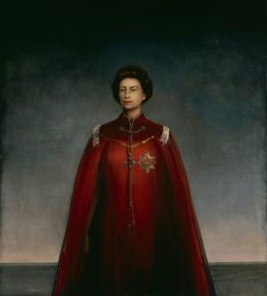 Her Majesty in Robes of the British Empire Pietro Annigoni, 1969 Tempera grassa on paper on panel. 79 x 71 in. National Portrait Gallery, London. Copyright, The National Portrait Gallery photo from Wikimedia Commons